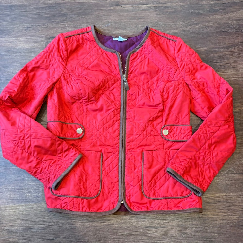 Charter Club Red Diamond Quilted Barn Jacket Contrast Piping Equestrian Prep M